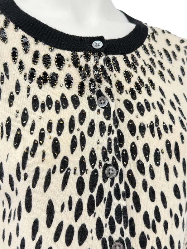 DKNY Cream & Black Leopard-Print Beaded Cardigan – Size: Small