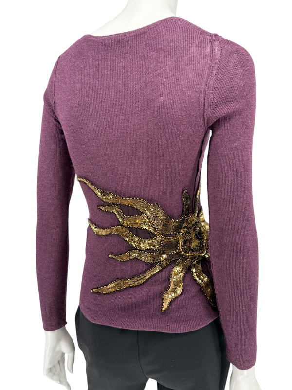 Roberto Cavalli Eggplant Cardigan with Beaded Oversized Sun Accents – Size: S