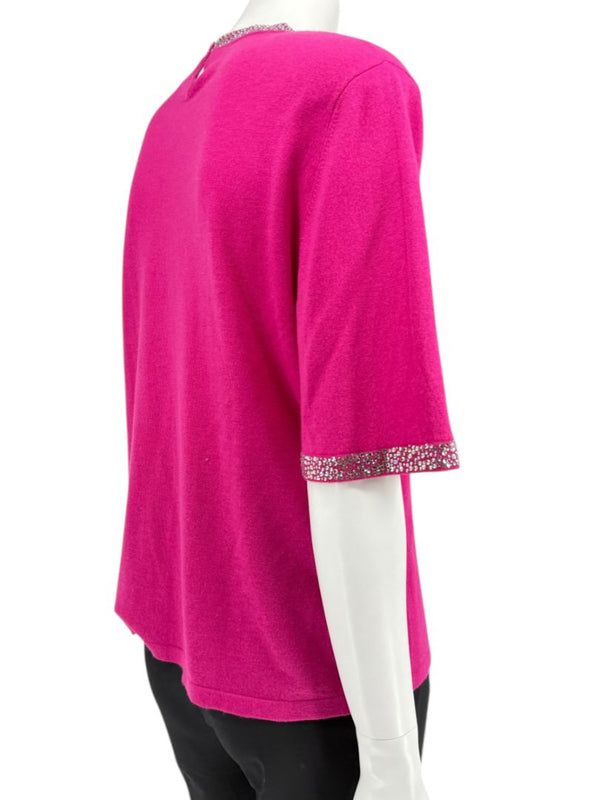 Neiman Marcus Cashmere Collection Fuchsia Embellished Short-Sleeve Sweater – Size XL