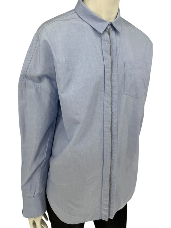 Brunello Cucinelli Light Blue Cotton Button-Front Shirt with Monili Trim – Size XL