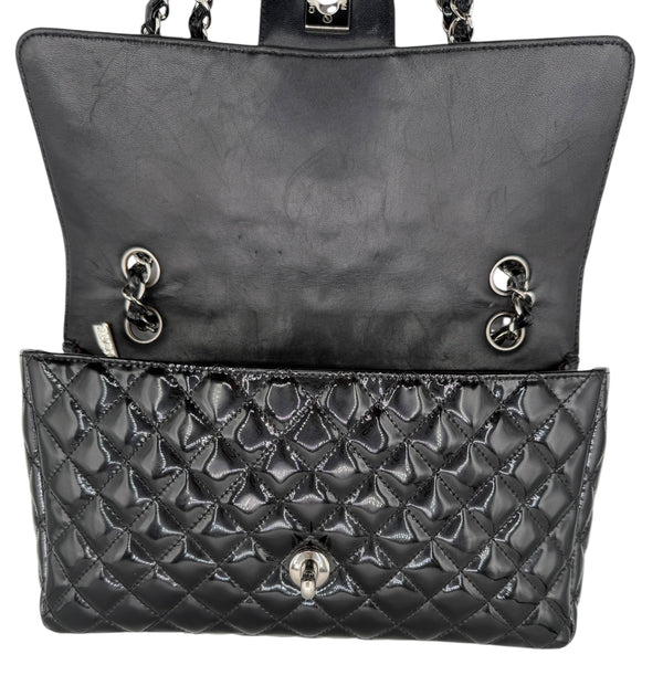 Chanel Black Quilted Patent Leather "Secret Label" Medium Flap Bag