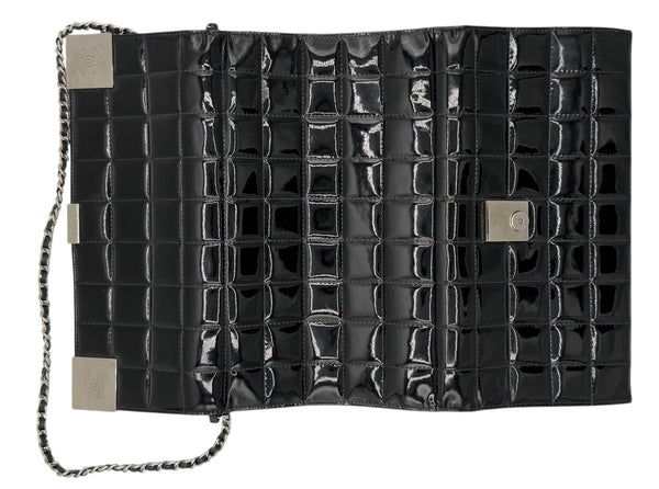 Chanel Black Patent Leather Chocolate Bar Clutch On Chain