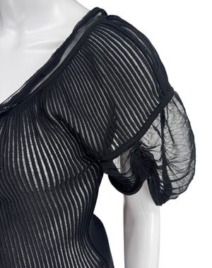 Jean Paul Gaultier Black Ribbed Sheer Top with Puff Sleeves - S