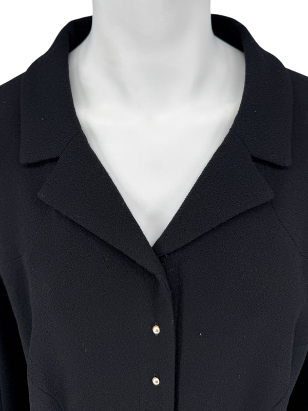 Chanel F/W 02 Long Black Wool Jacket Pearl Buttons - Size 44