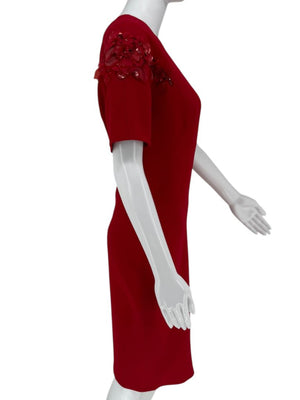 Pamella Roland Red Asymmetrical Floral Embellished Sheath Dress