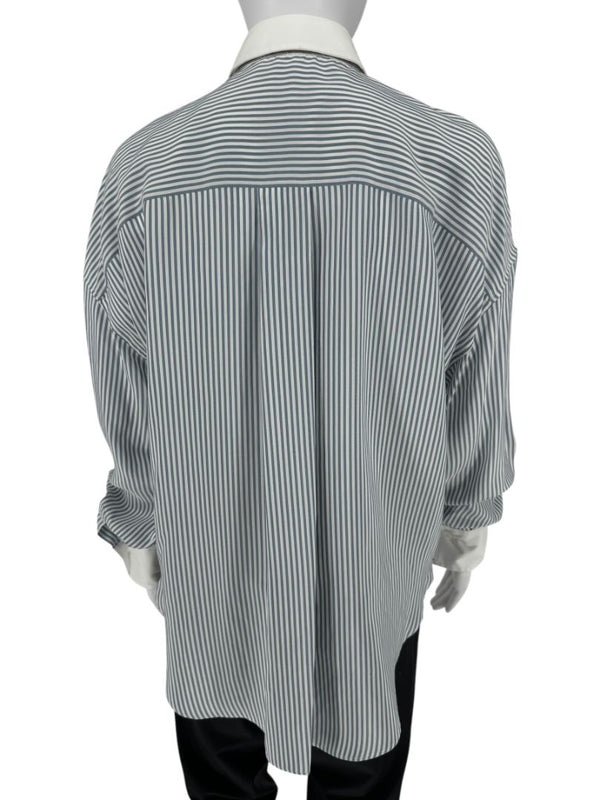Brunello Cucinelli Striped Silk Shirt with Contrast Collar – Size M
