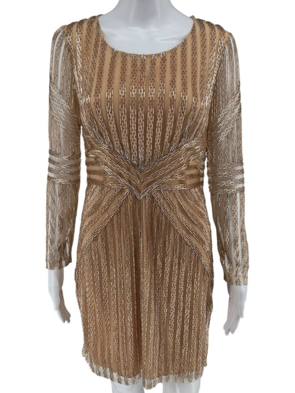Pamella Roland Gold Beaded Illusion Mesh Evening Dress – Size 4