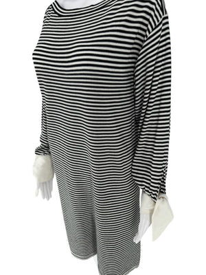 Chloé Black & White Striped Cotton Dress with Cuffed Tie Sleeves - Small