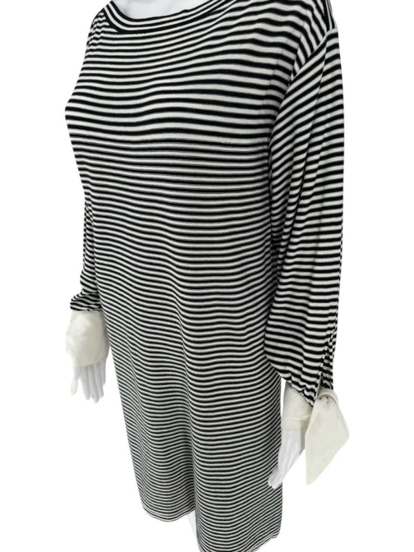 Chloé Black & White Striped Cotton Dress with Cuffed Tie Sleeves - Small