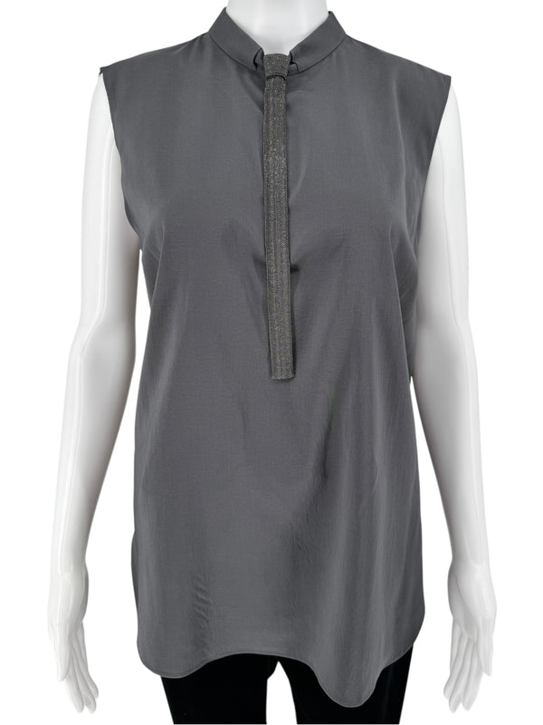 Brunello Cucinelli Sleeveless Silk Blouse with Chain Detail - XL
