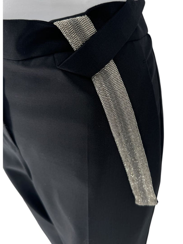 Brunello Cucinelli Black Tapered Trousers with Monili Bead Belt - Size 8