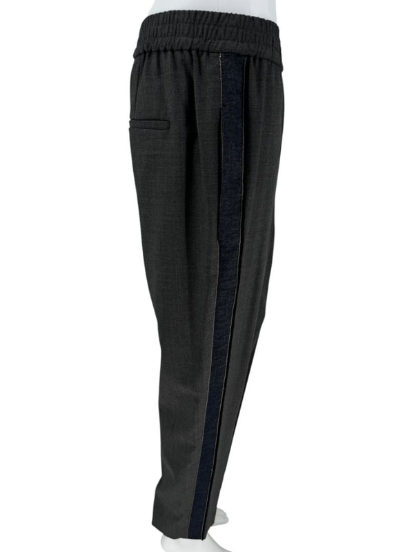 Brunello Cucinelli Charcoal Wool Trousers with Denim Side Stripe - Size 8