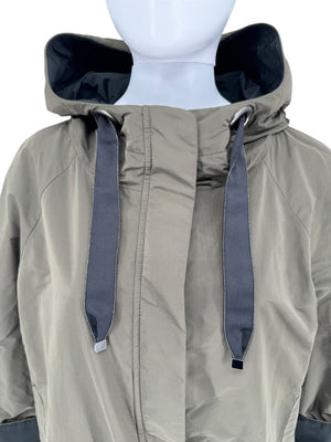 Brunello Cucinelli Olive Nylon Hooded Parka with Monili Trim - Size 10