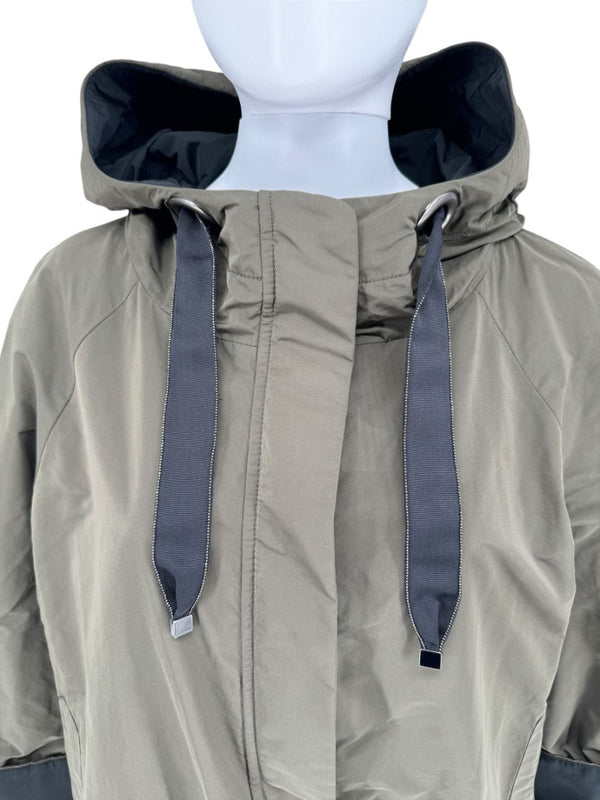 Brunello Cucinelli Olive Nylon Hooded Parka with Monili Trim - Size 10