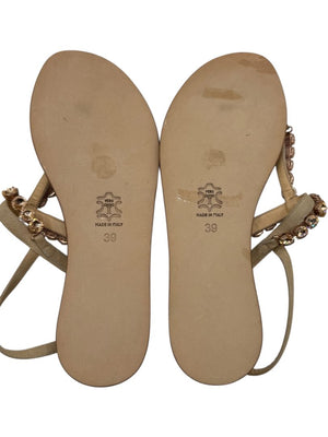 100% Capri Jeweled T-Strap Flat Sandals – Size 39