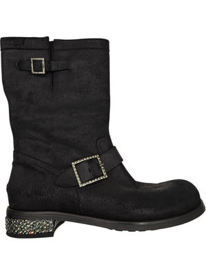 Jimmy Choo Black Suede Buckle Boots with Crystal Heels – Size 39.5