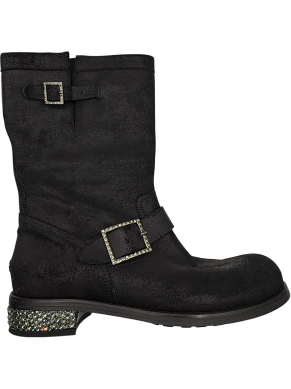 Jimmy Choo Black Suede Buckle Boots with Crystal Heels – Size 39.5