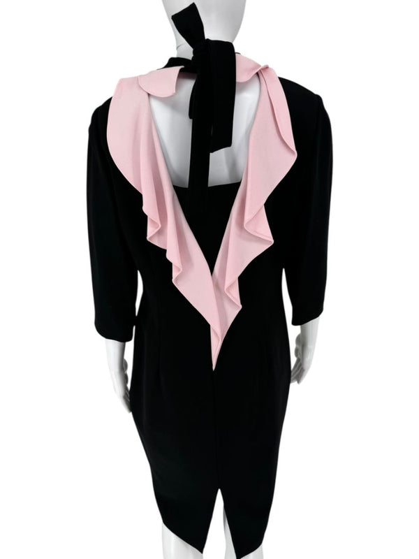 Pamella Roland Black Crepe Shift Dress with Pink Ruffle Back & Neck Tie - Large