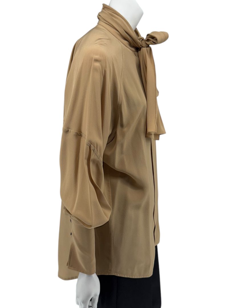 Victoria Beckham Camel Silk Tie-Neck Blouse – Size US 6- NWT