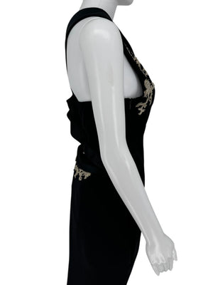 Pamella Roland Black One-Shoulder Gown with Embroidered Gold Appliqué - Large