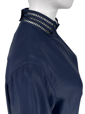 Akris Navy Mulberry Silk Blouse with Jewelry Trim – Size US 8 / FR 40 / DE 38
