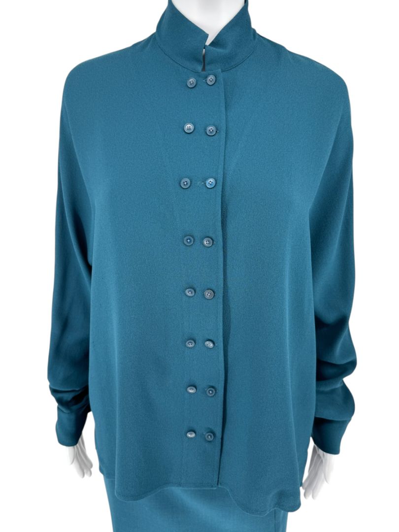 Akris Teal Double-Breasted Blouse & Skirt Set – Size 6 Top / Size 10 Skirt