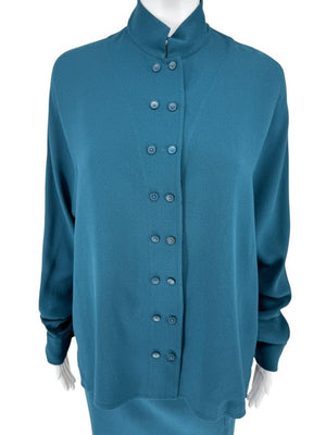 Akris Teal Double-Breasted Blouse & Skirt Set – Size 6 Top / Size 10 Skirt
