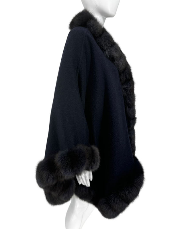 Pamella Roland Navy Cashmere Blend Cape with Genuine Fur Trim - One Size