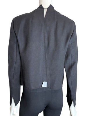 Akris Bergdorf Goodman Linen-Blend Cropped Open Jacket – Black & Navy – Size US 10