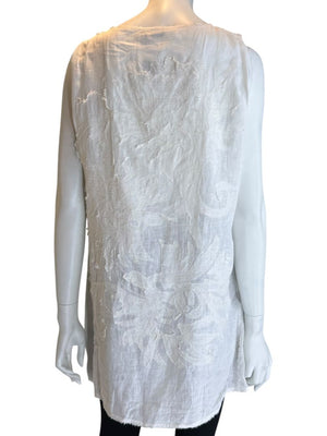 Fendi White Linen Sleeveless Tunic with Textured Floral Appliqué – Size L
