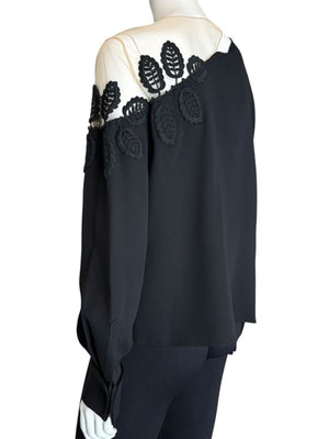 Oscar de la Renta Resort 2019 Black Silk Embroidered Illusion Neck Blouse – Size 8 - NWT