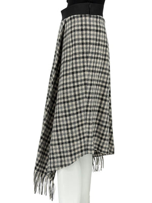 Brunello Cucinelli Black & Ivory Checked Wool Skirt with Fringe Hem – Size IT 44 (US 8)