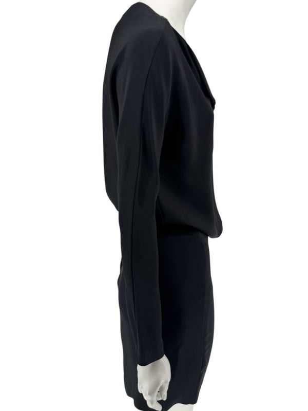 Pamella Roland Black Drape-Front Long Sleeve Belted Mini Dress – Large