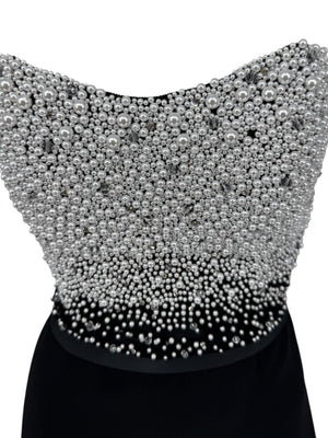 Pamella Roland Black Strapless Gown Silver Pearl Crystal Beaded Bodice Size 8 Evening Dress