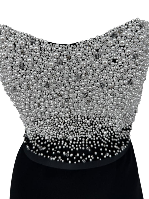 Pamella Roland Black Strapless Gown Silver Pearl Crystal Beaded Bodice Size 8 Evening Dress