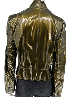 Burberry London Metallic Olive Green Leather Jacket – Size UK 12 / US 10