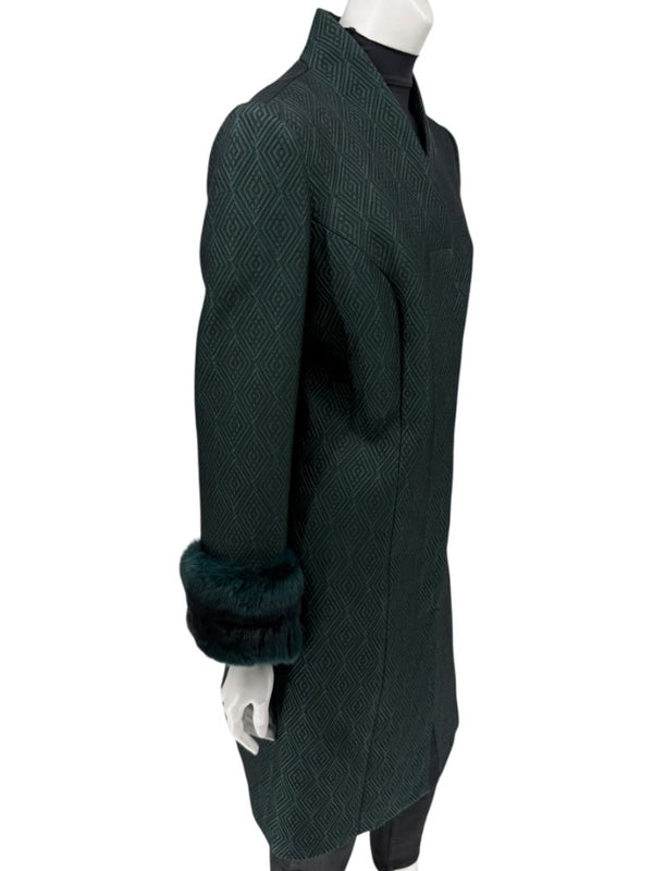 Pamella Roland Emerald Green Jacquard Coat with Fur-Trimmed Sleeves – Large