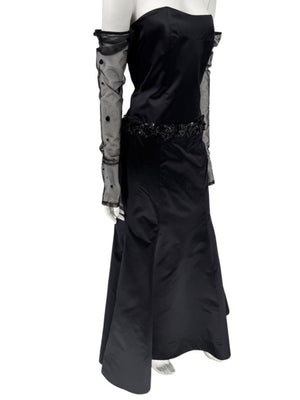 Pamella Roland Black Strapless Evening Dress Embellished Waist Sheer Sleeve Formal Gown - Size 6