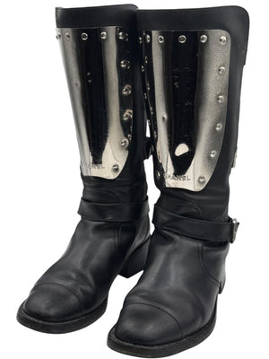 Chanel Black Leather Moto Boots with Silver Armor Plate – Size 40.5