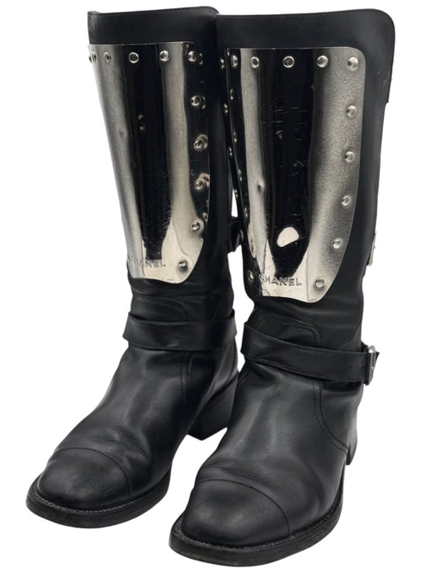 Chanel Black Leather Moto Boots with Silver Armor Plate – Size 40.5