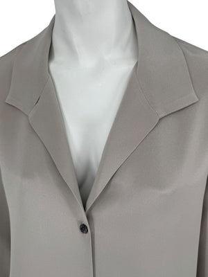 Peter Cohen Taupe-Grey Silk Button-Front Blouse with Soft Notched Collar – Size L
