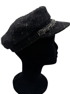 CHANEL Black Tweed Newsboy Cap with Signature Chain Trim