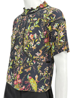 Vivienne Tam Black Floral & Peacock Print Mesh-Trim Top – Size 0