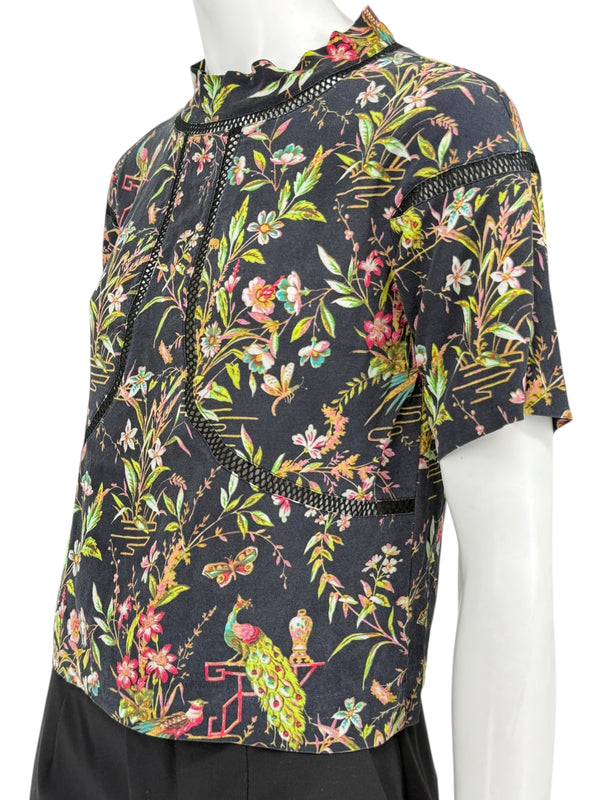 Vivienne Tam Black Floral & Peacock Print Mesh-Trim Top – Size 0