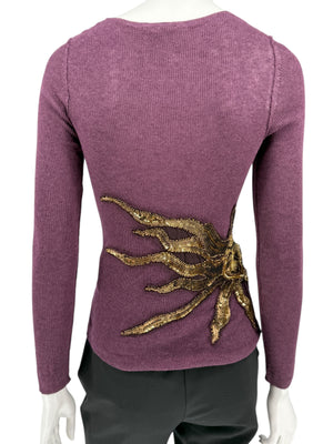 Roberto Cavalli Eggplant Cardigan with Beaded Oversized Sun Accents – Size: S