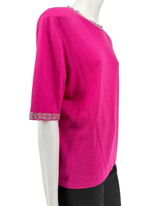 Neiman Marcus Cashmere Collection Fuchsia Embellished Short-Sleeve Sweater – Size XL