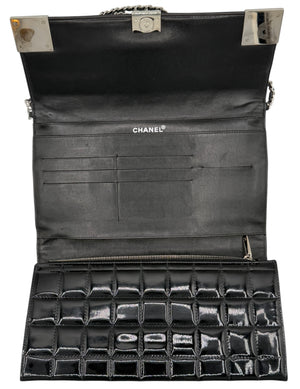 Chanel Black Patent Leather Chocolate Bar Clutch On Chain
