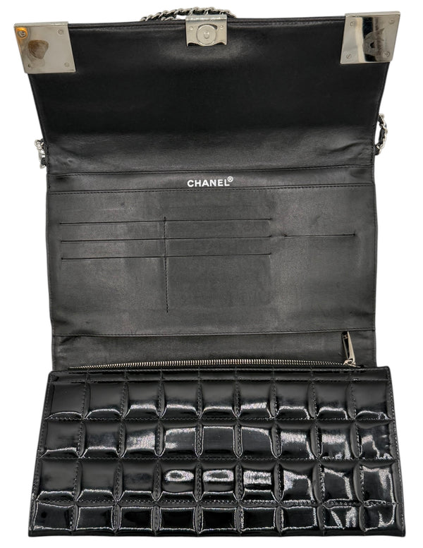 Chanel Black Patent Leather Chocolate Bar Clutch On Chain