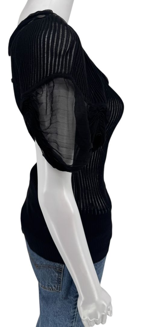 Jean Paul Gaultier Black Ribbed Sheer Top with Puff Sleeves - S