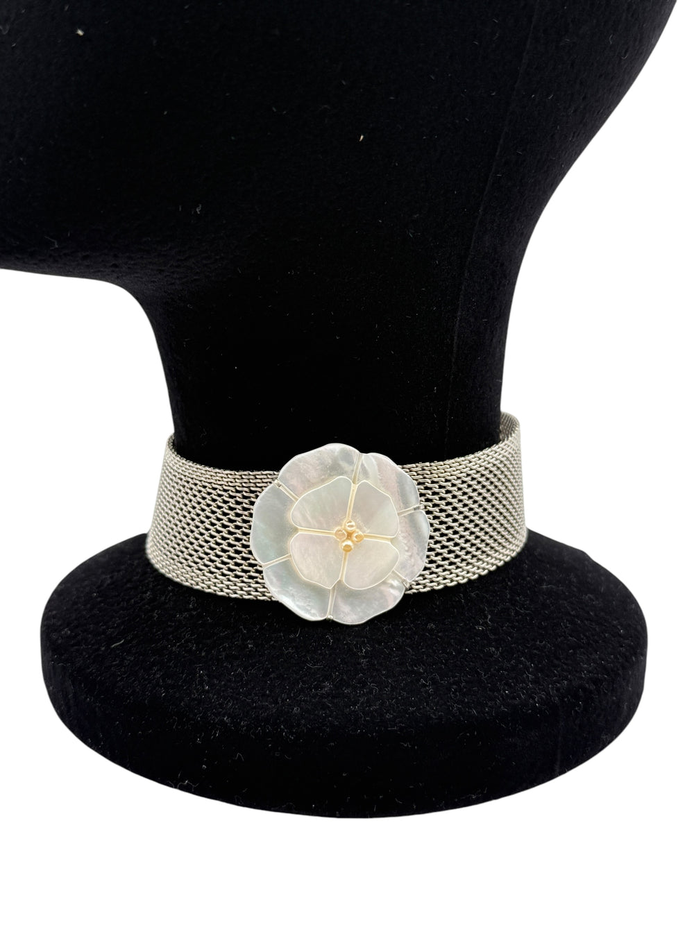 CHANEL Camellia with mesh silver choker collar.